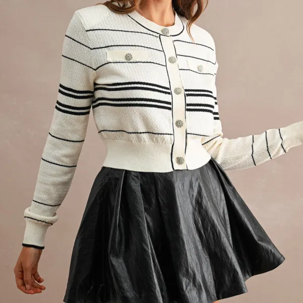 Classic Ribbed Button Front Striped Cardigan