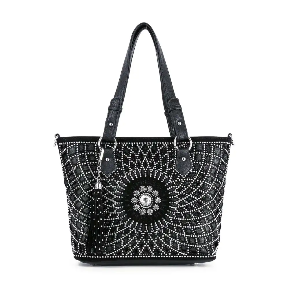 Modern Detail Crystal Accent Pocketed Faux Leather Tote Bag