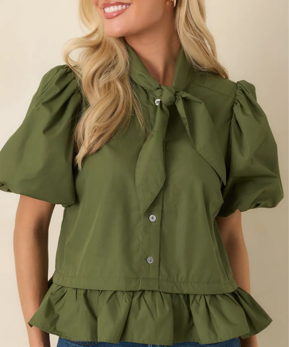 Tie-Neck Short-Sleeve Peplum Puff-Sleeve Blouse