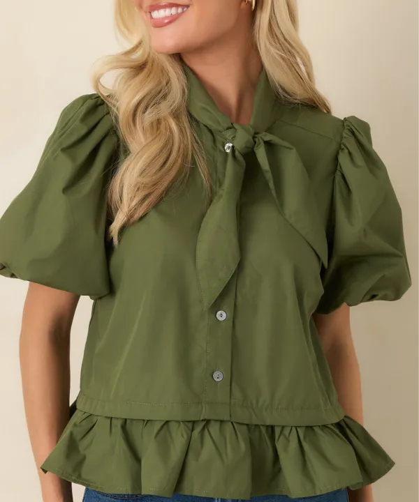 Tie-Neck Short-Sleeve Peplum Puff-Sleeve Blouse