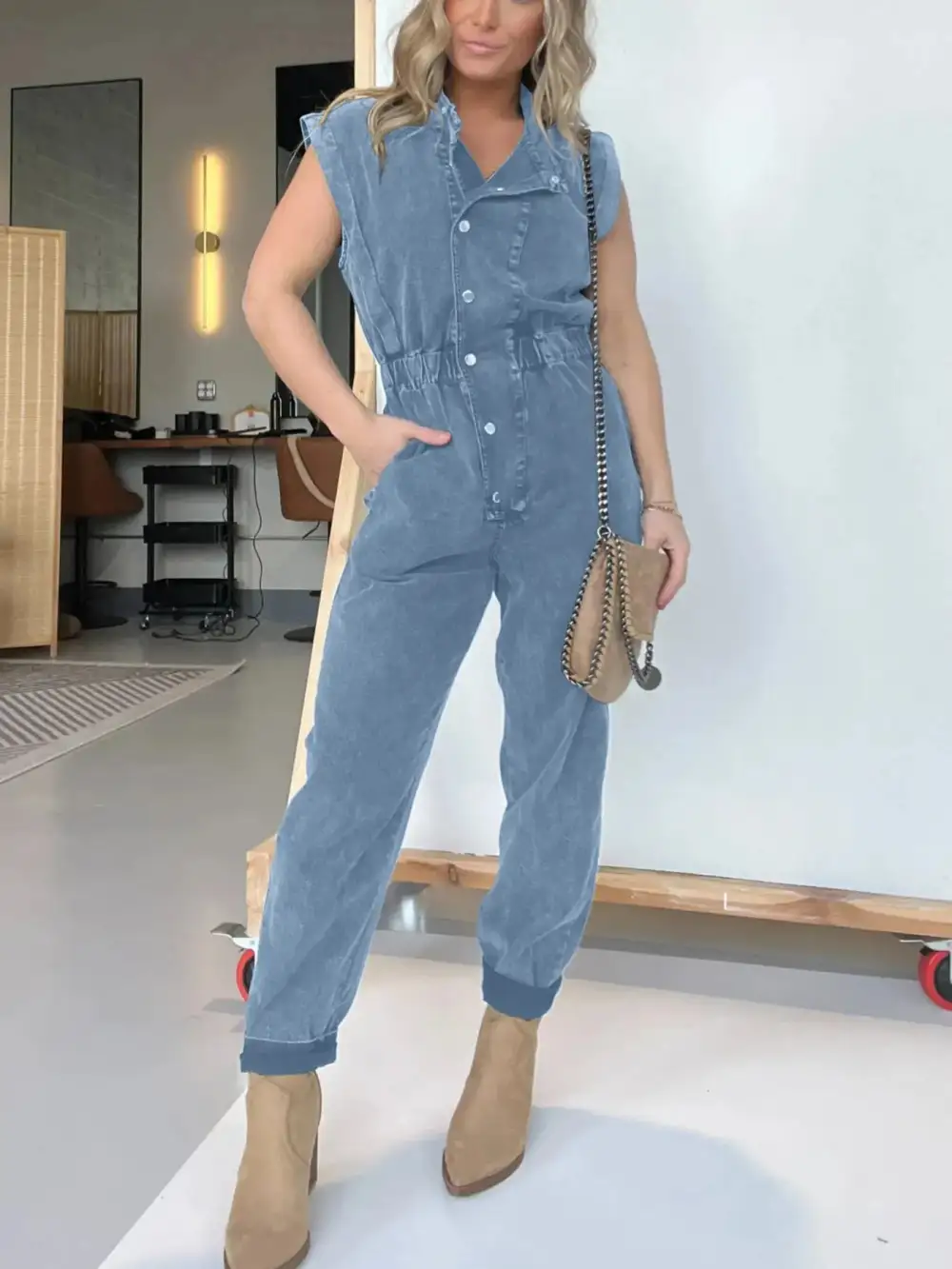 Modern Denim Button Front Jumpsuit