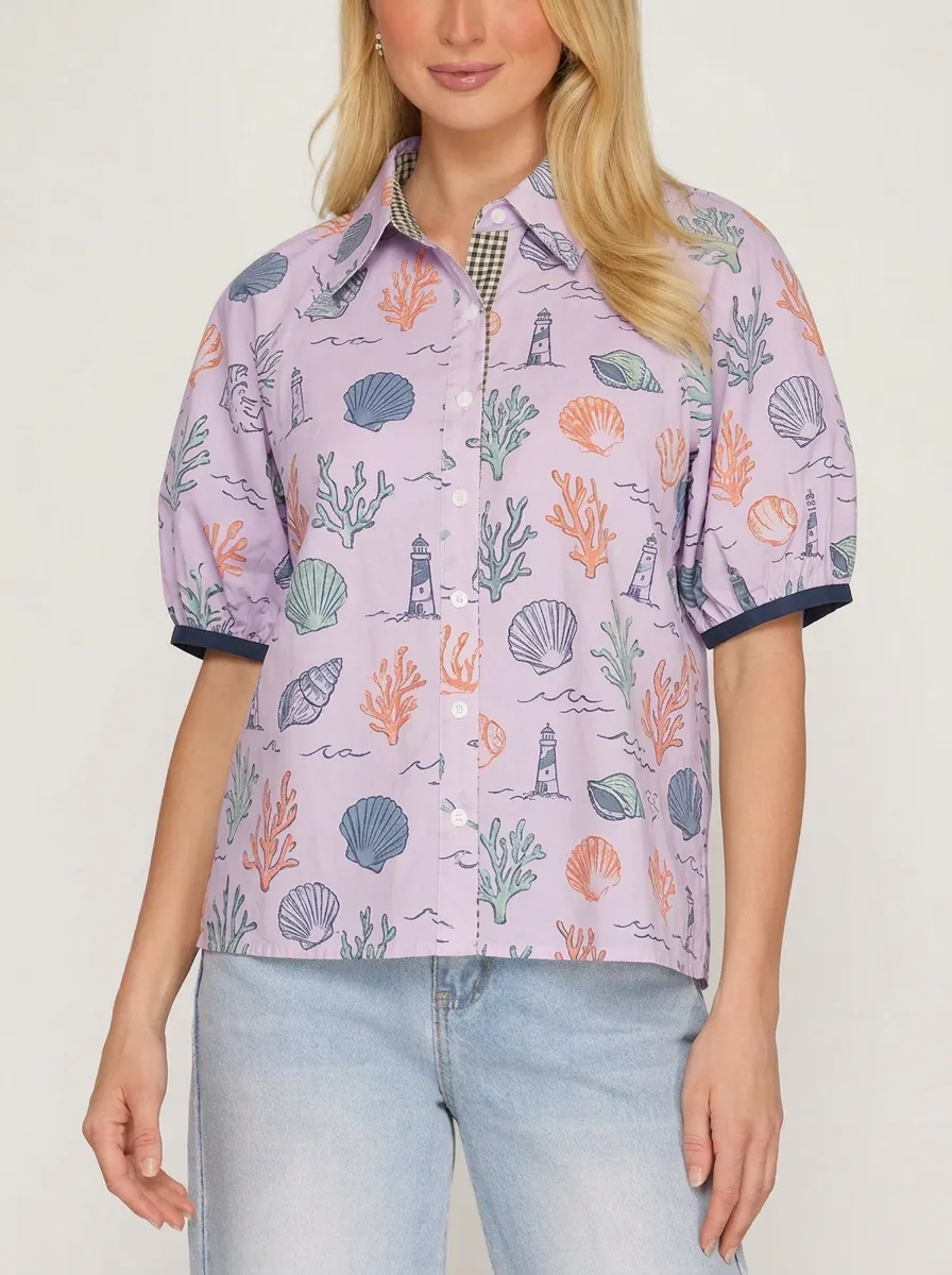 Women's Coastal Seashell Lighthouse Graphic Shirt
