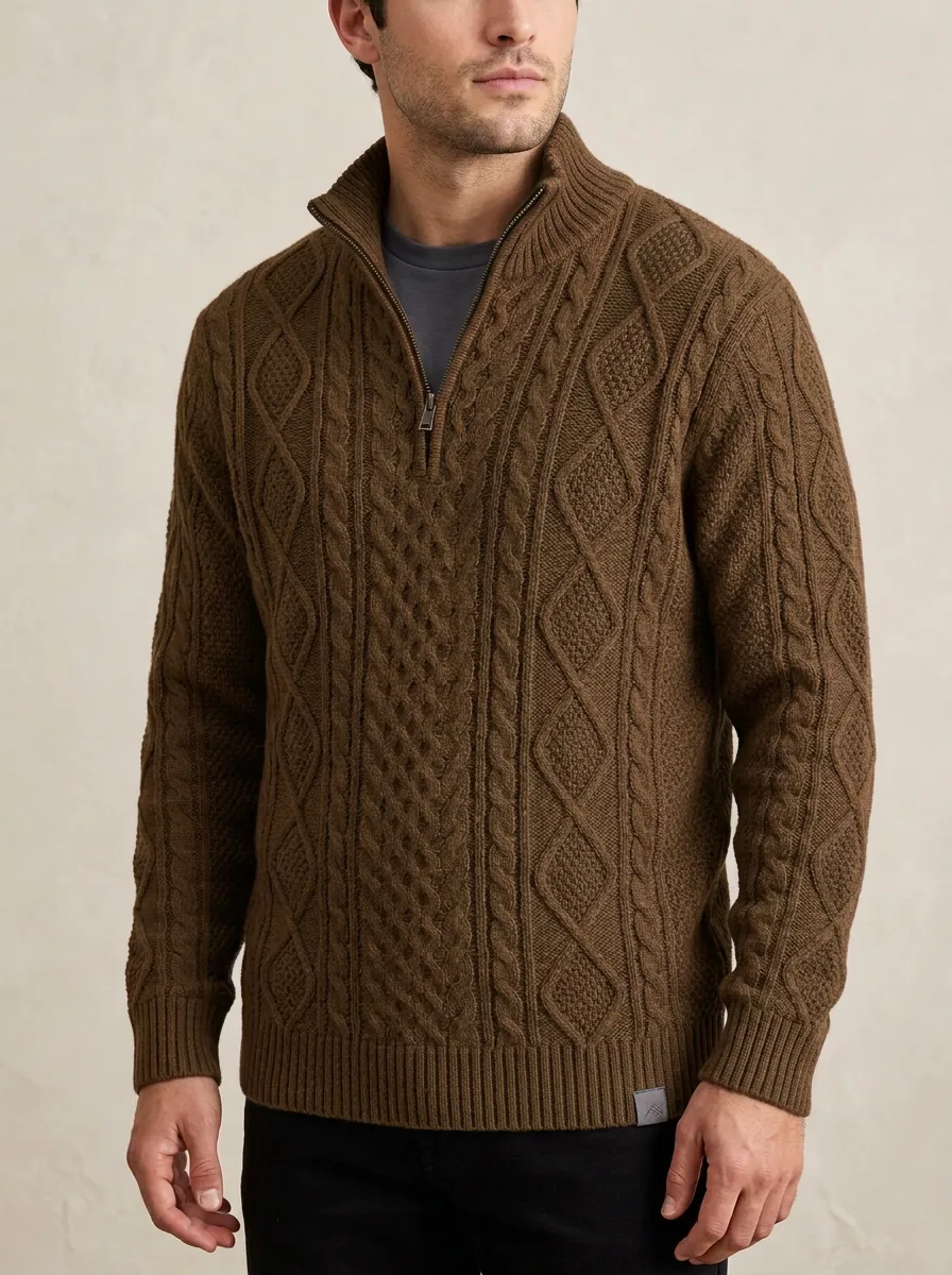 Men’s Ribbed Cable-Knit Quarter-Zip Sweater