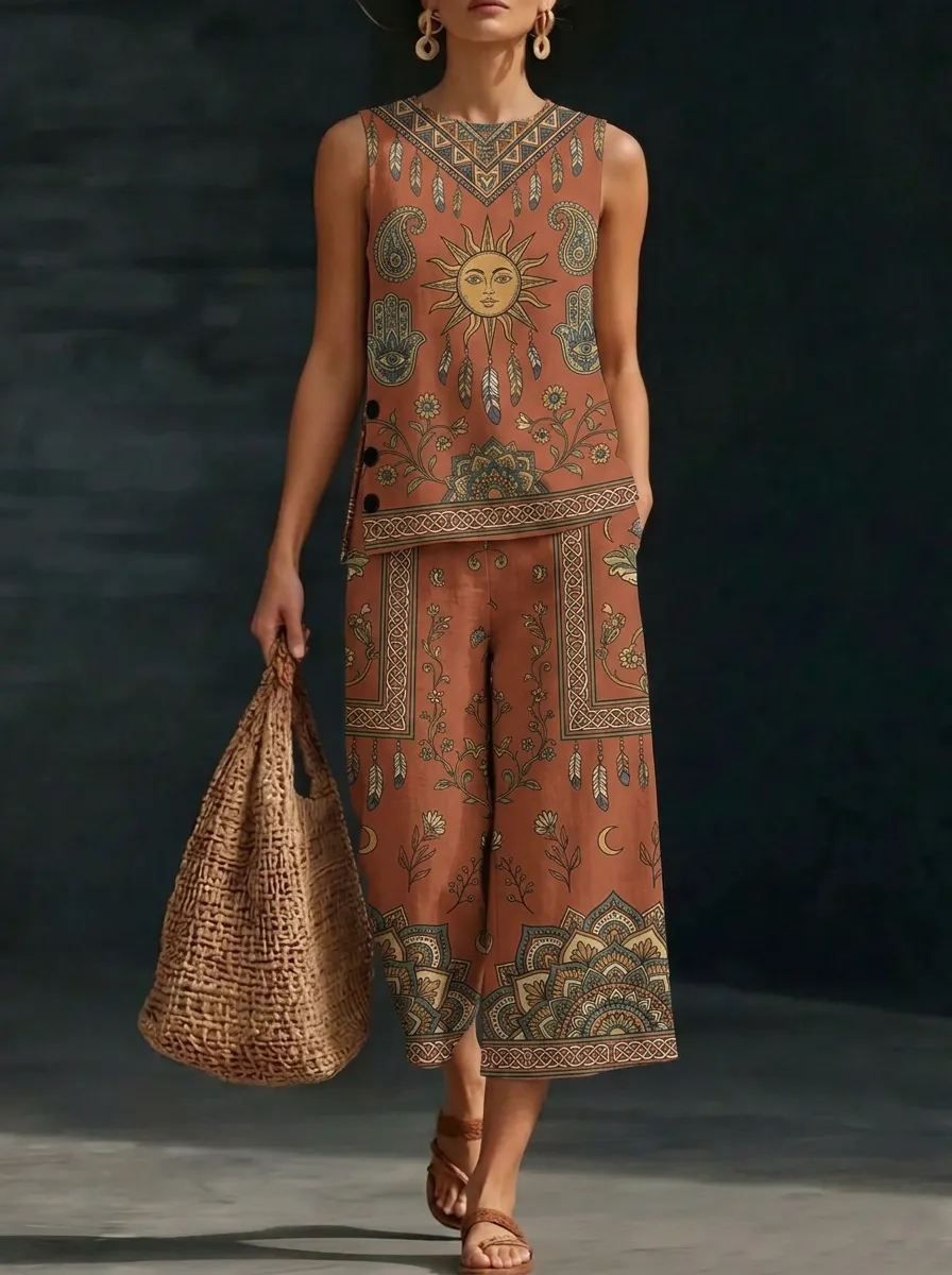 Women's Bohemian Sun Mandala Printed Sleeveless Set