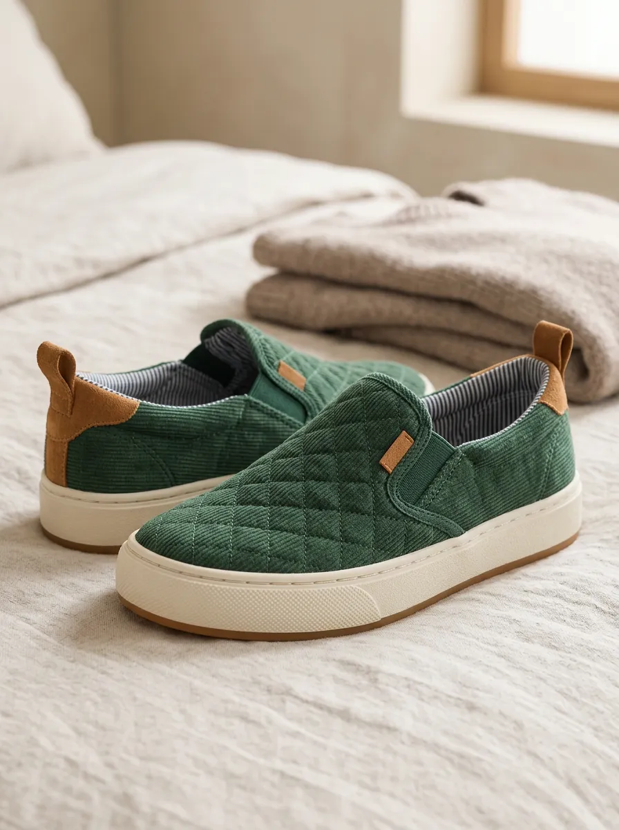Women's Green Quilted Corduroy Slip-on Casual Shoes