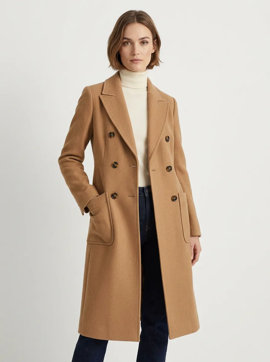 Women's Classic Camel Double-Breasted Wool-Blend Trench Coat