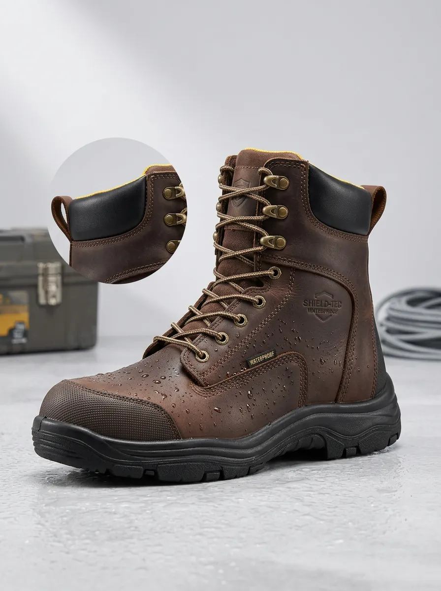 Men's Shield-Tec Brown Leather Waterproof Printed Work Boots