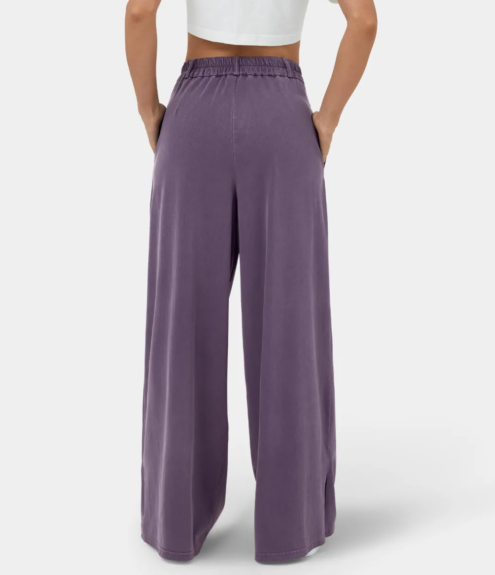 High Waisted Button Zipper Plicated Side Pocket Split Hem Wide Leg Casual Pants