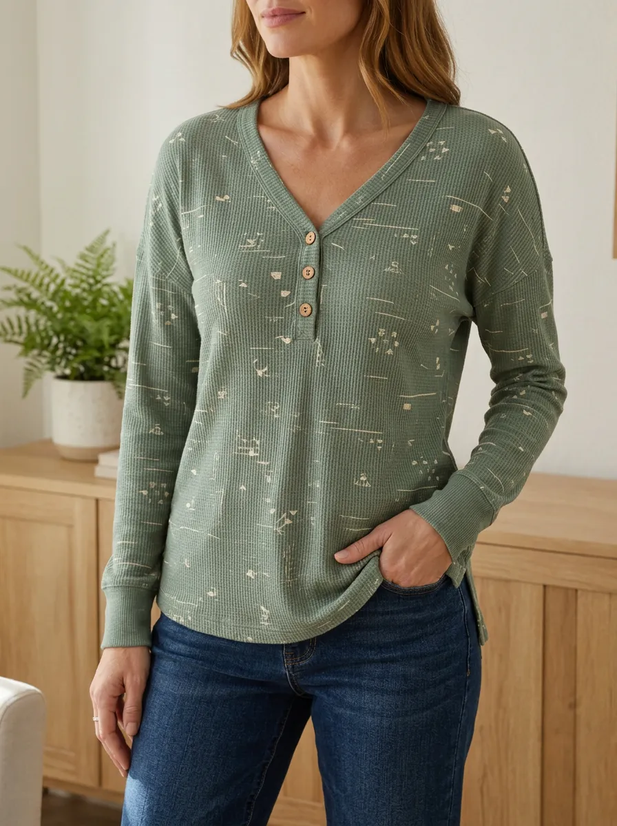 Women's Casual Sage Green Abstract Print Waffle Knit Henley Top