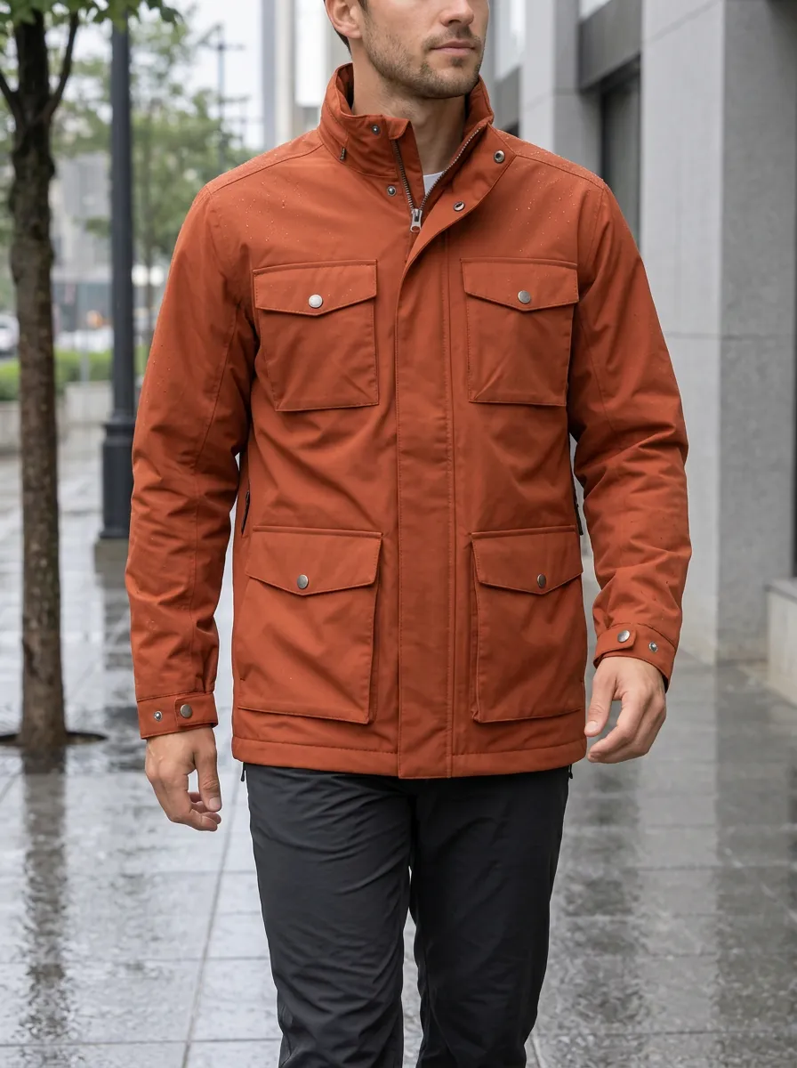 Men's Rust Orange Multi-Pocket Waterproof Jacket