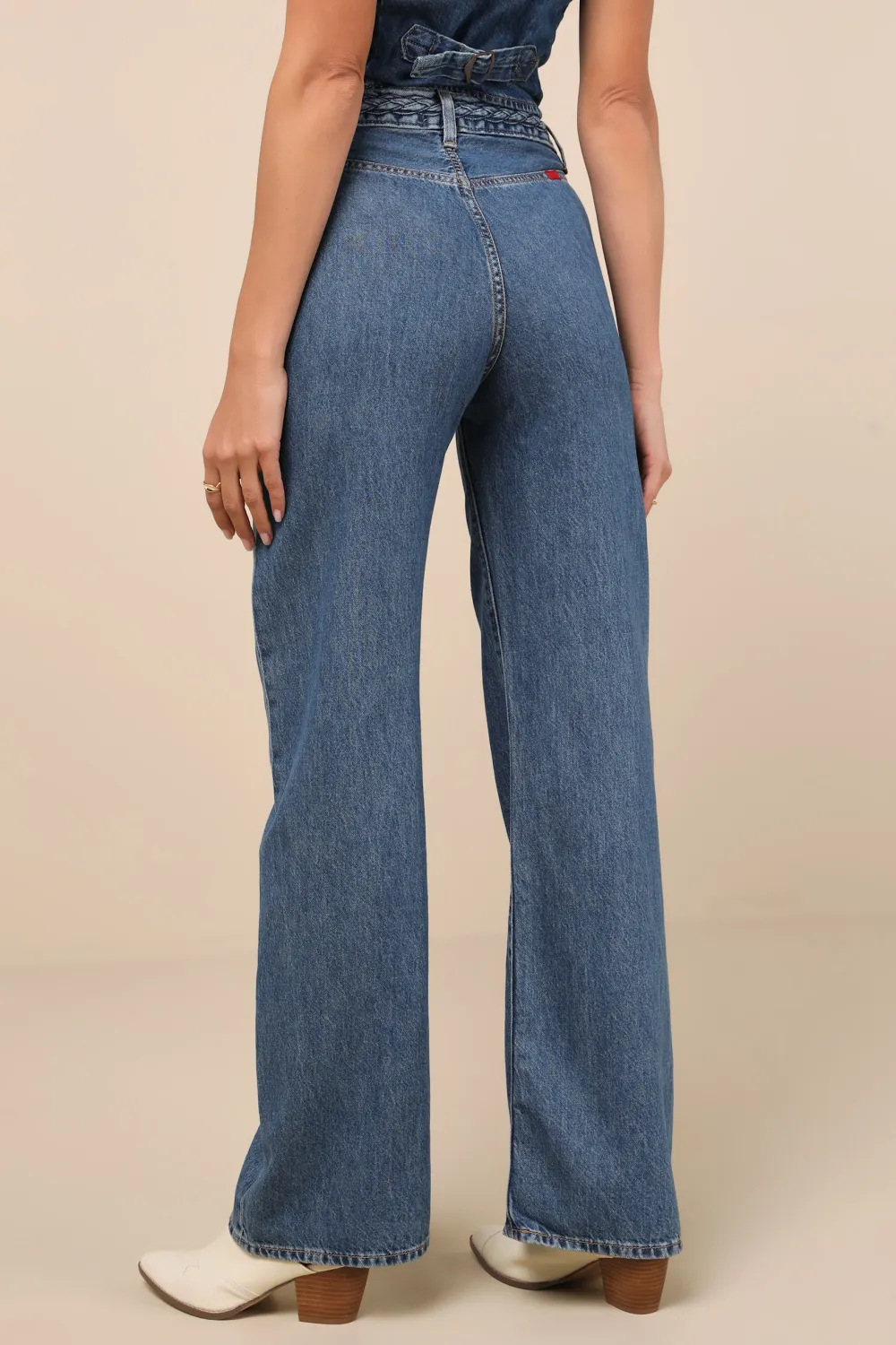 Daily Dark Wash Denim Braided Wide-Leg High-Rise Jeans