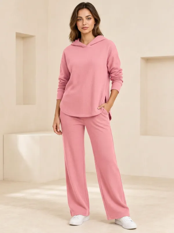 Women's Rust Waffle-Knit High-Low Hoodie and Wide-Leg Pant Set