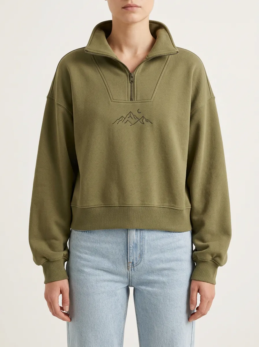 Women's Outdoor Nature Lover Mountain Moon Embroidered Quarter Zip Sweatshirt