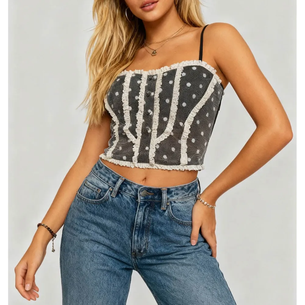 Polka Dot Mesh Corset Square Neck Ruffle Trim Cami Top