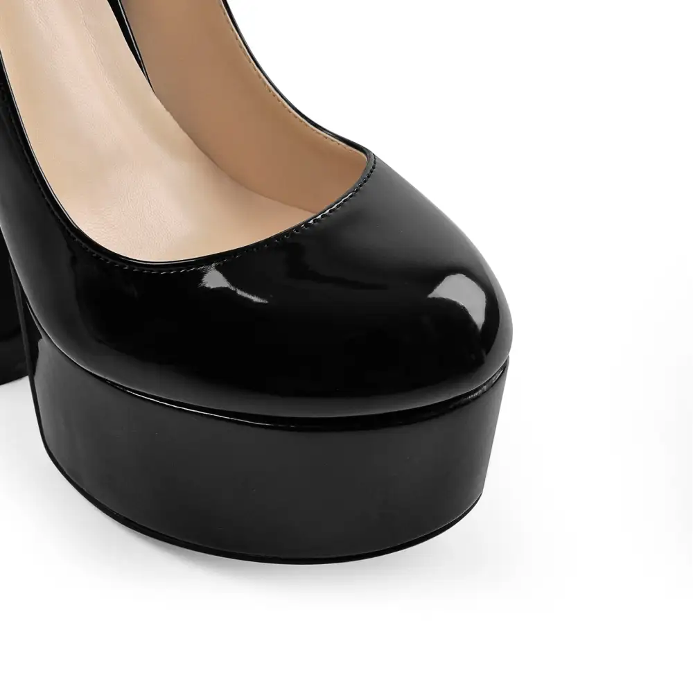 Patent Finish Round Toe Platform Chunky Heel Pumps