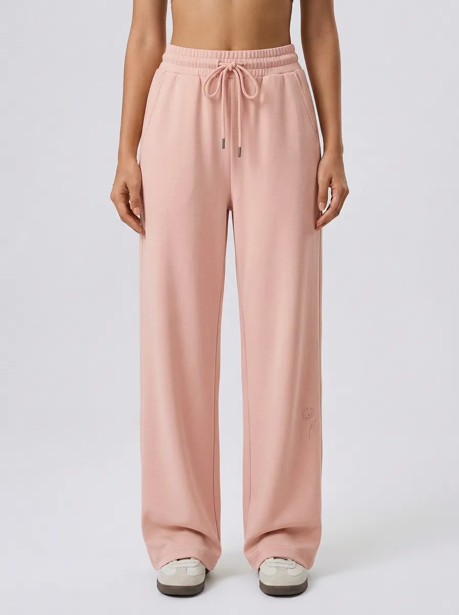 Women's Casual Minimalist Floral Beige Embroidered Sweatpants