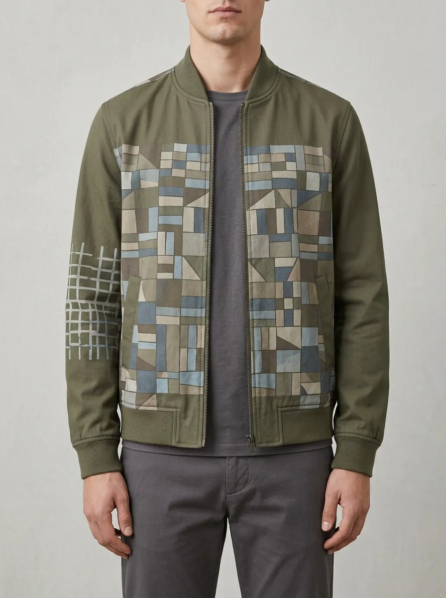Men's Geometric Patchwork Olive Printed Bomber Jacket