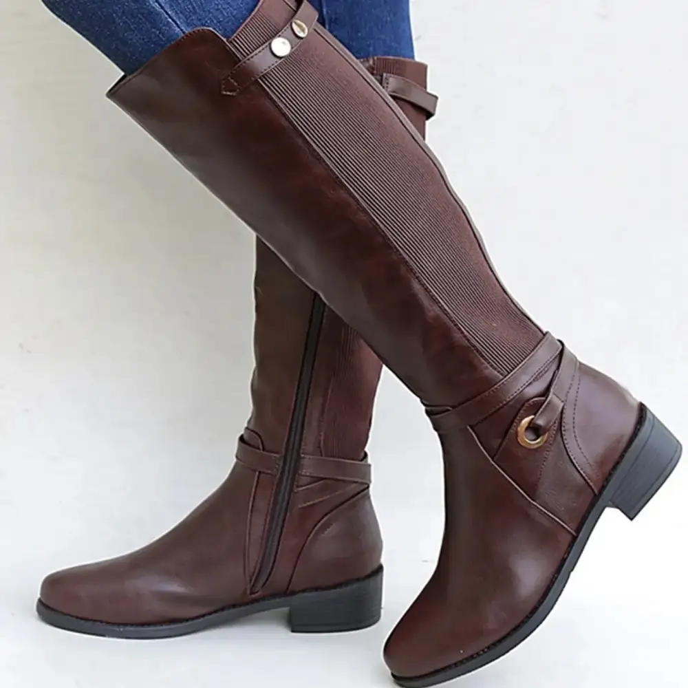 Leather Riding Knee Tall Boots Comfortable Flat Boots Side Zip