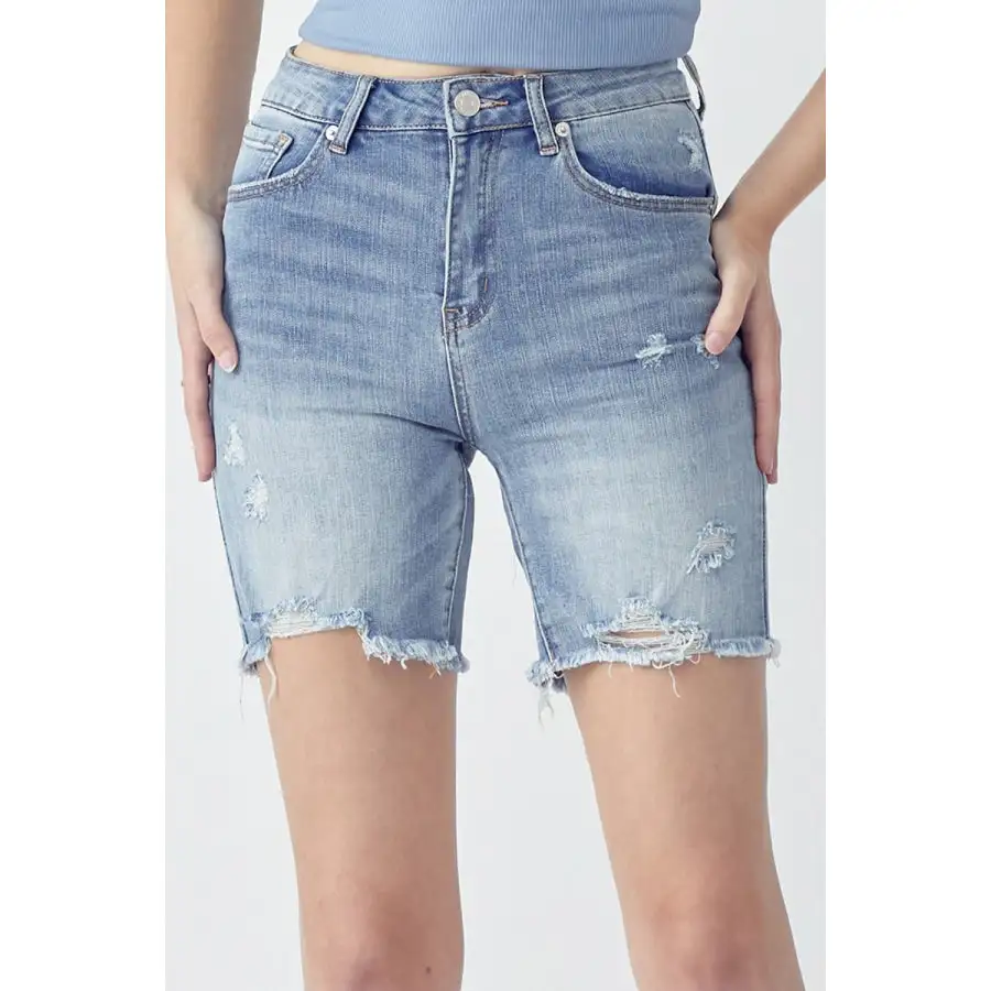 Refined High Rise Distressed Denim Shorts
