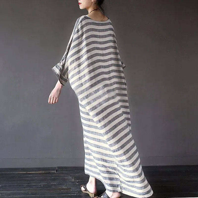 Striped Linen Blend Cotton Blend Maxi Tie Detail Dress