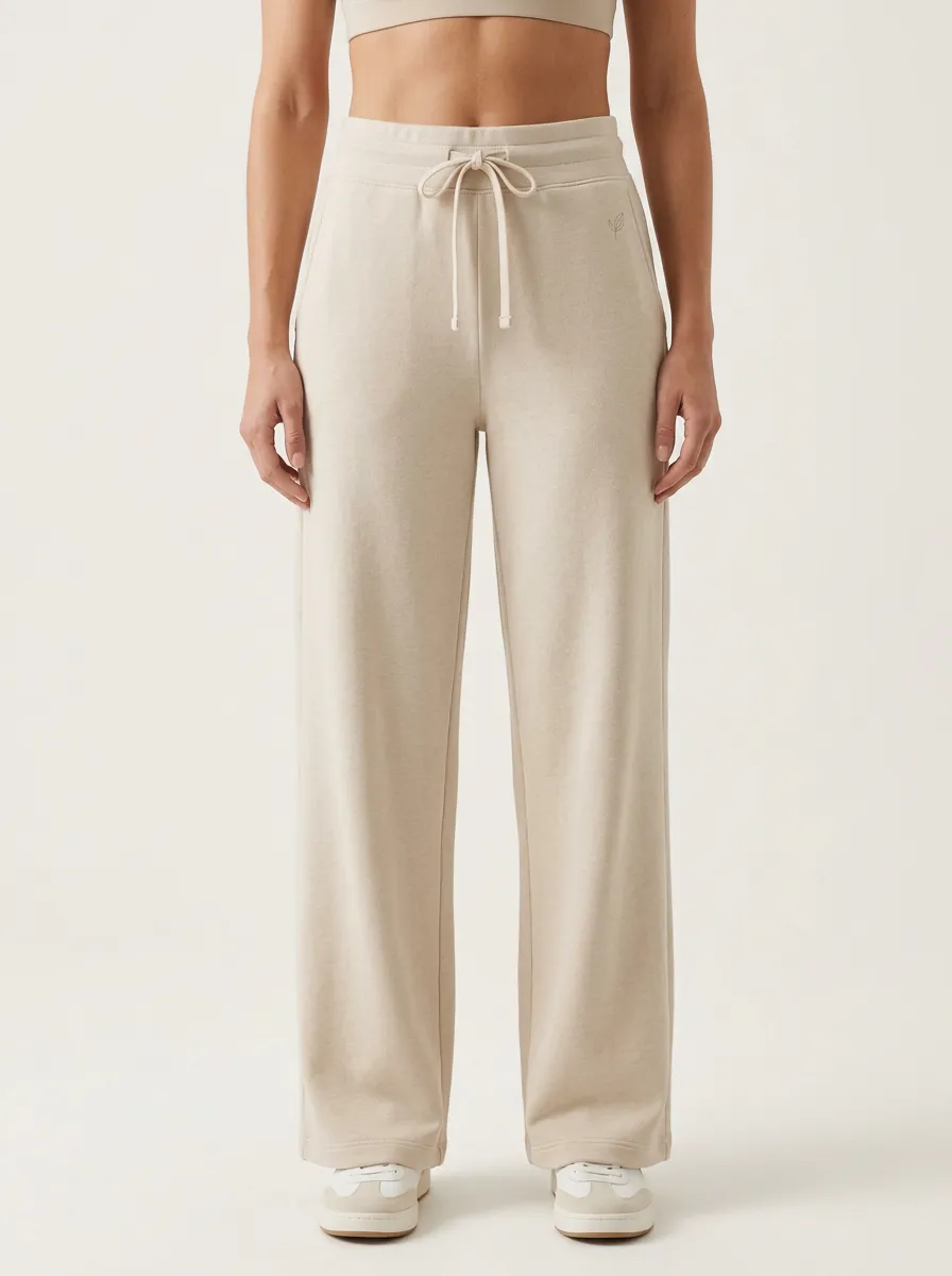 Women's Minimalist Beige Solid Color Drawstring Wide Leg Sweatpants