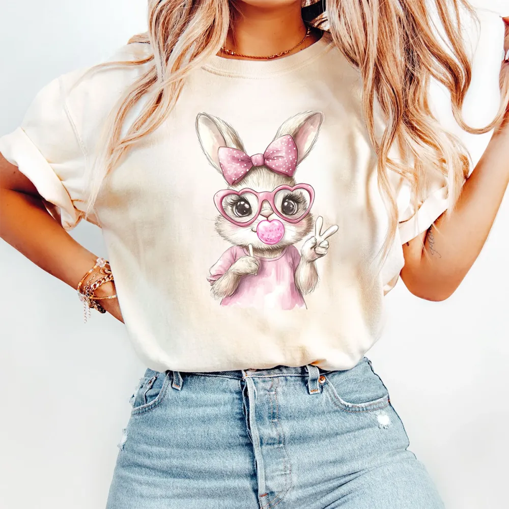  Pink Bunny Blowing Bubbles Printed Round Neck Short Sleeve T-Shirt