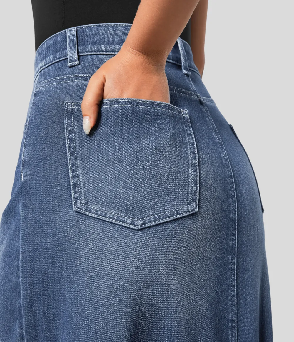 Magic Mid Rise Button Zipper Multiple Pockets Split A Line Stretchy Knit Denim Maxi Casual Skirt