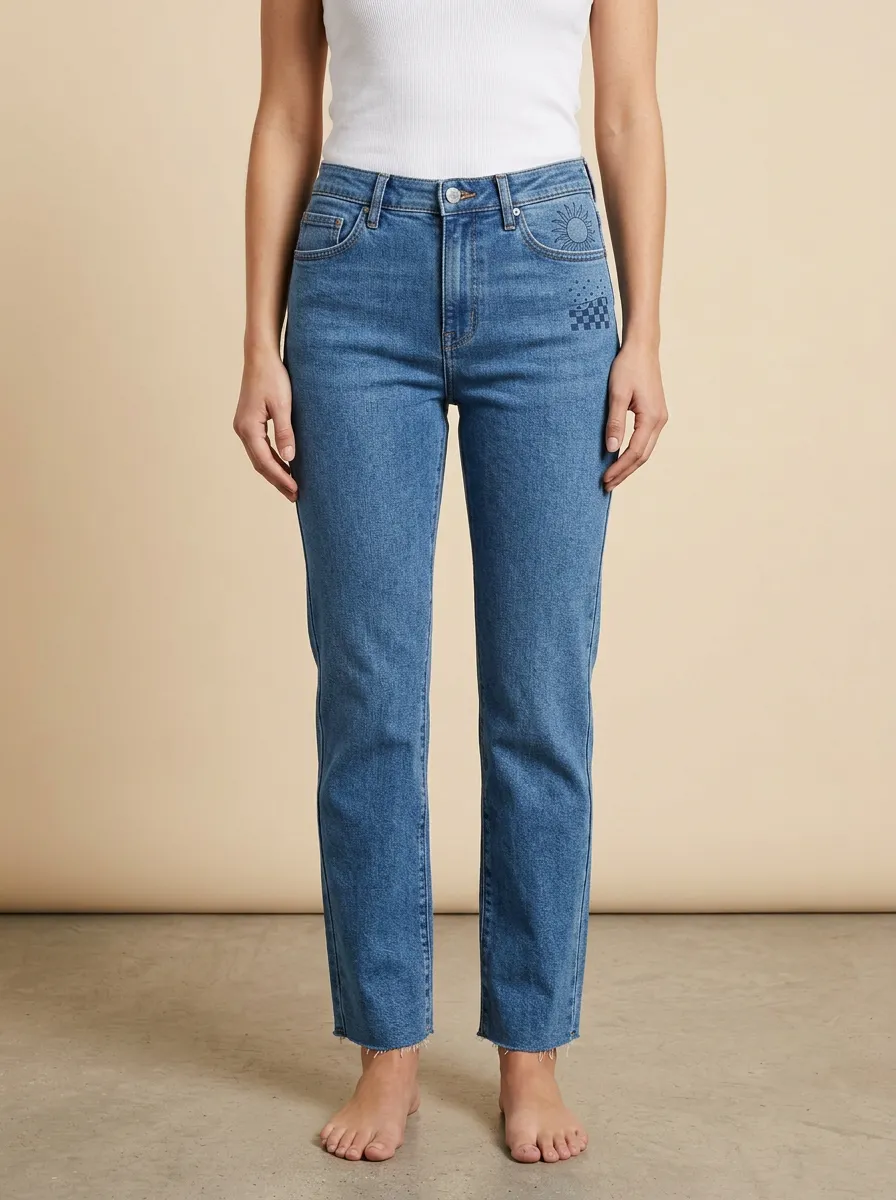 Women's Sun Checkerboard Embroidered Left-Hip Frayed-Hem High-Rise Straight-Leg Jeans