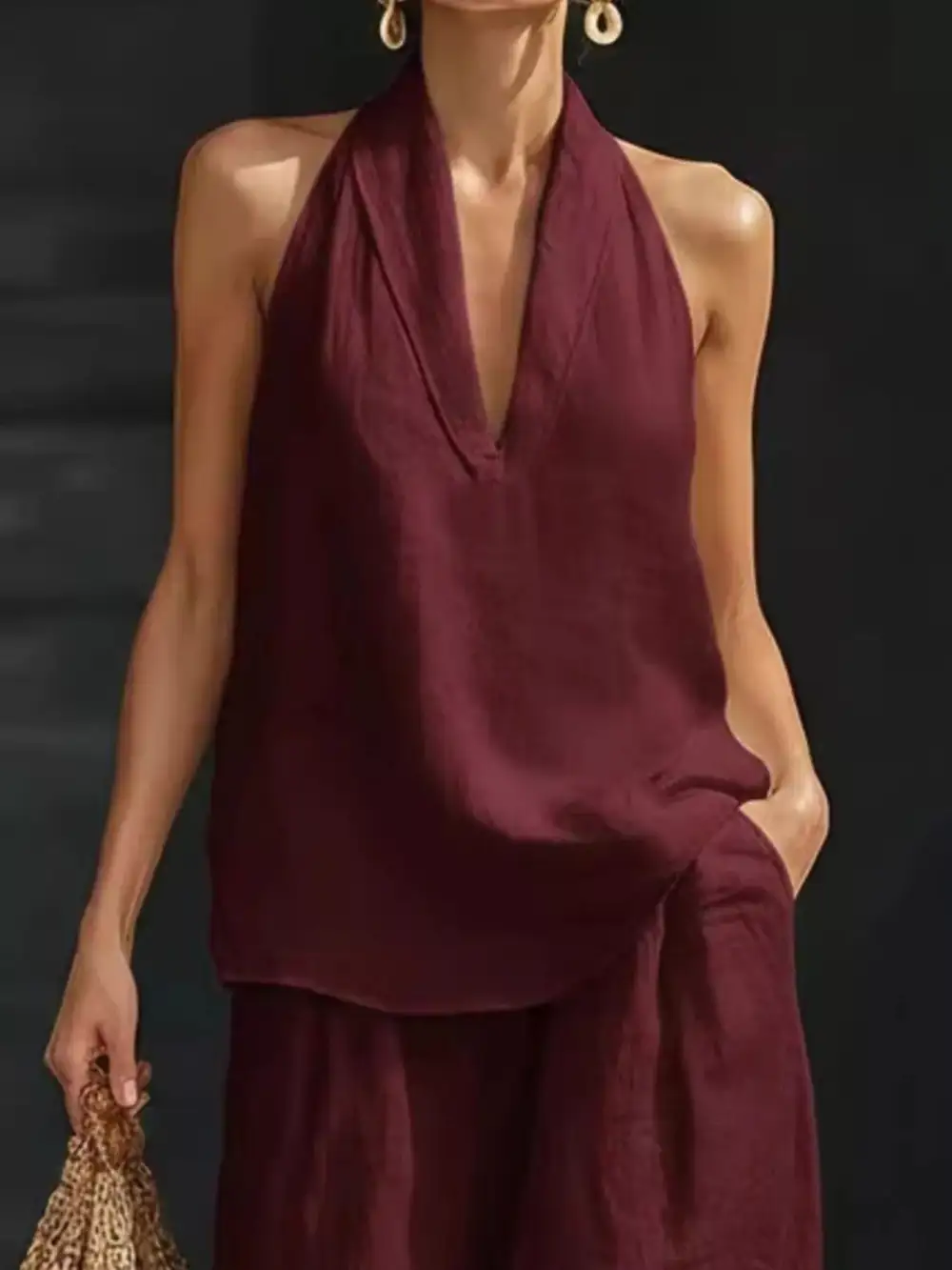 Halter Neck Top and Wide Leg Pants Set