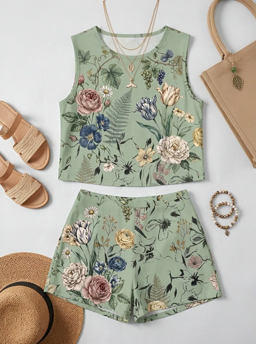 Women's Botanical Floral Sage Green Printed Sleeveless Shorts Set