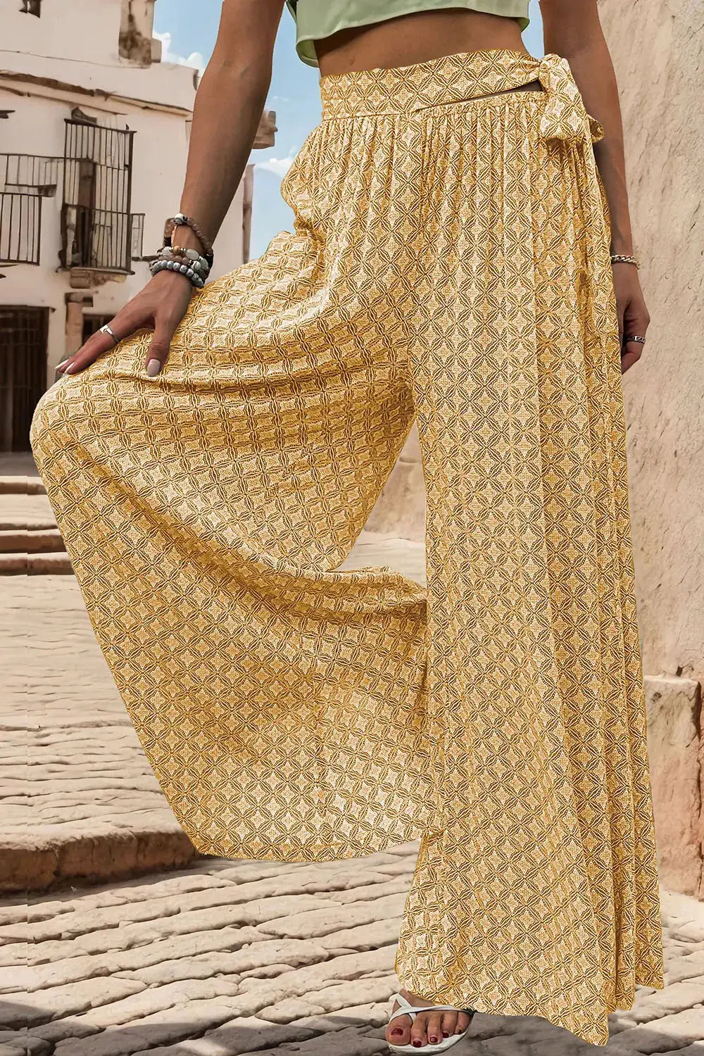 Wide Leg Tie Waist Printed Versatile Pants