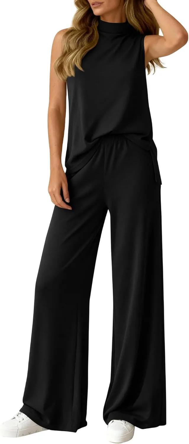 Summer 2 Piece Lounge Sets For Women Sleeveless Mock Neck Wide Leg Loose Spring Vacation Airport Travel Outfits