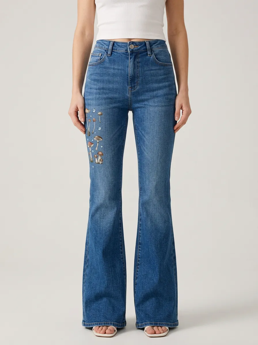 Women's Mushroom Graphic Faded High-Rise Flare Jeans