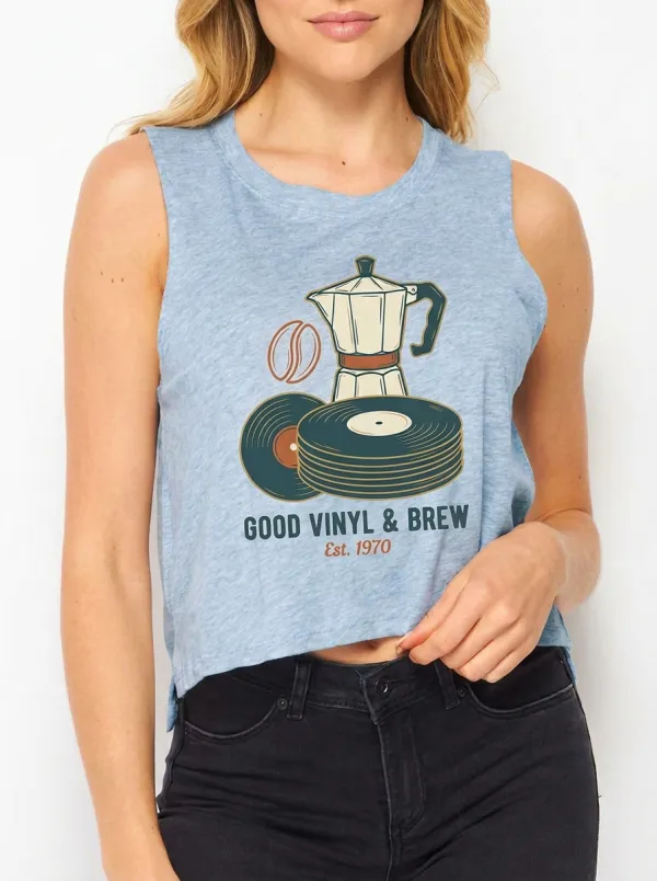 Women's Coffee Vinyl Music Lover Moka Pot Printed Crop Tank Top
