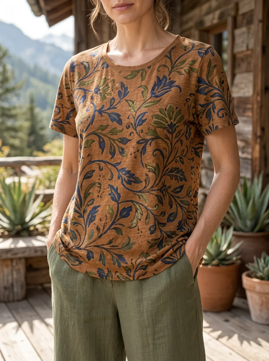 Women's Botanical Floral Pattern Printed Crewneck T-shirt