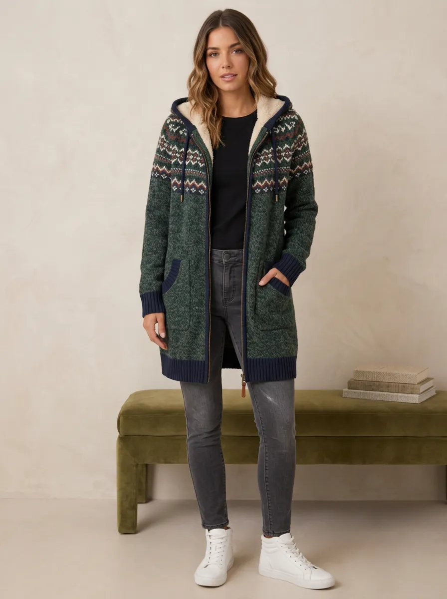 Women's Winter Fair Isle Pattern Fleece Lined Hooded Cardigan