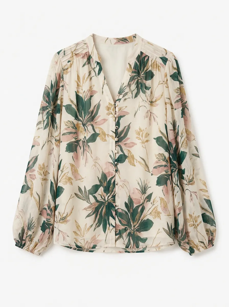 Women's Floral Botanical Print V-Neck Button Down Blouse