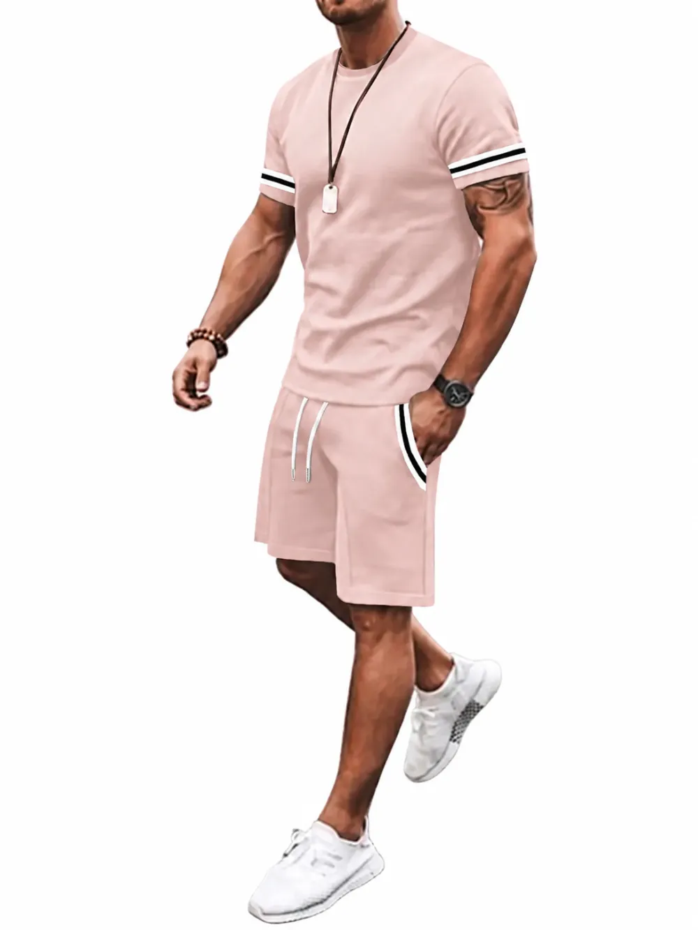 Men's Two-Piece Set: Color-Contrast Trim T-Shirt and Drawstring Shorts