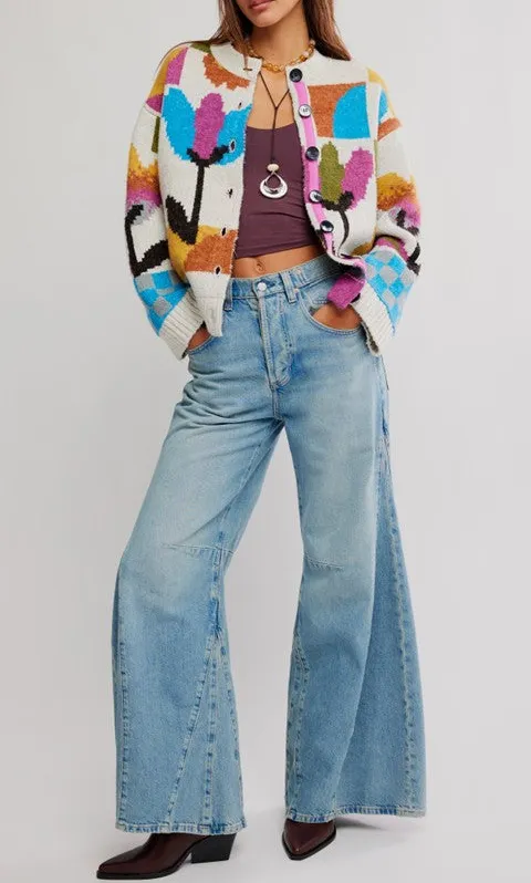Abstract Colorful Art Knit Cardigan