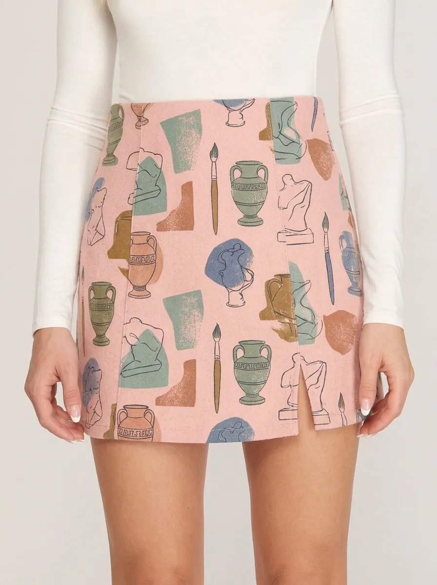 Women's Art Lover Greek Pottery Statue Printed Skirt