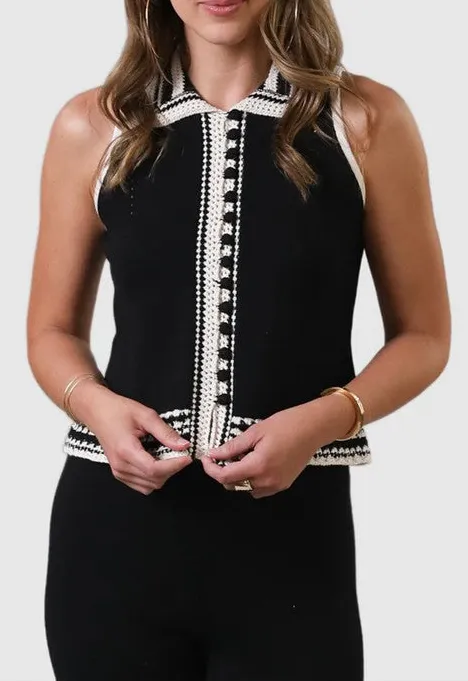 Black Crochet Edge Collared Top