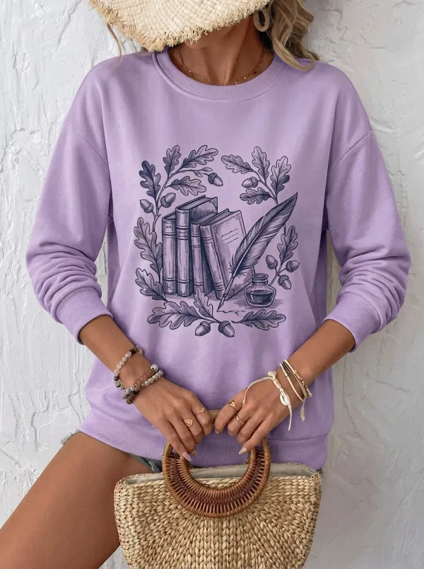 Women's Book Lover Oak Leaf Quill Printed Sweatshirt