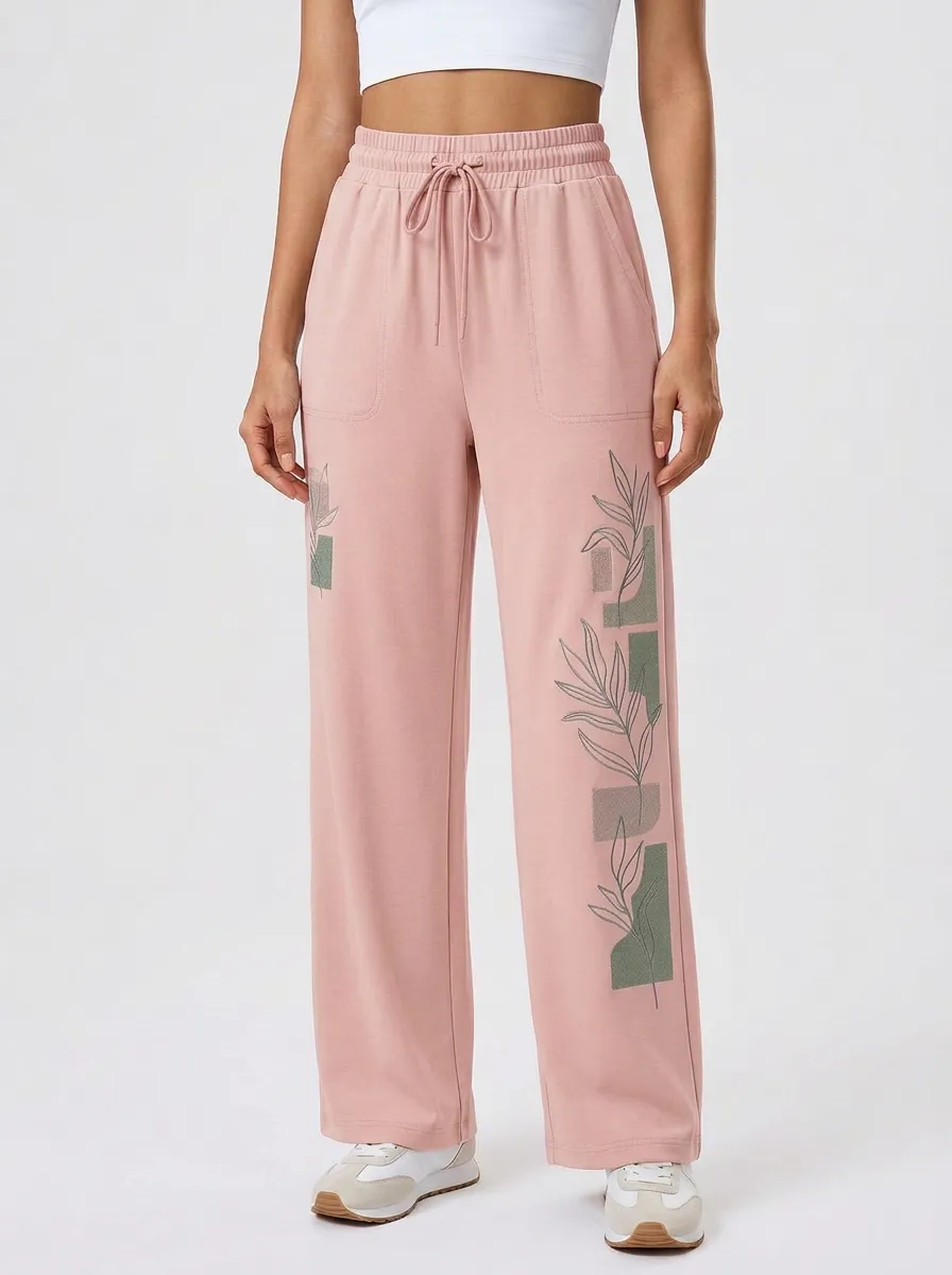 Women's Light Gray Botanical Print Wide-Leg Sweatpants