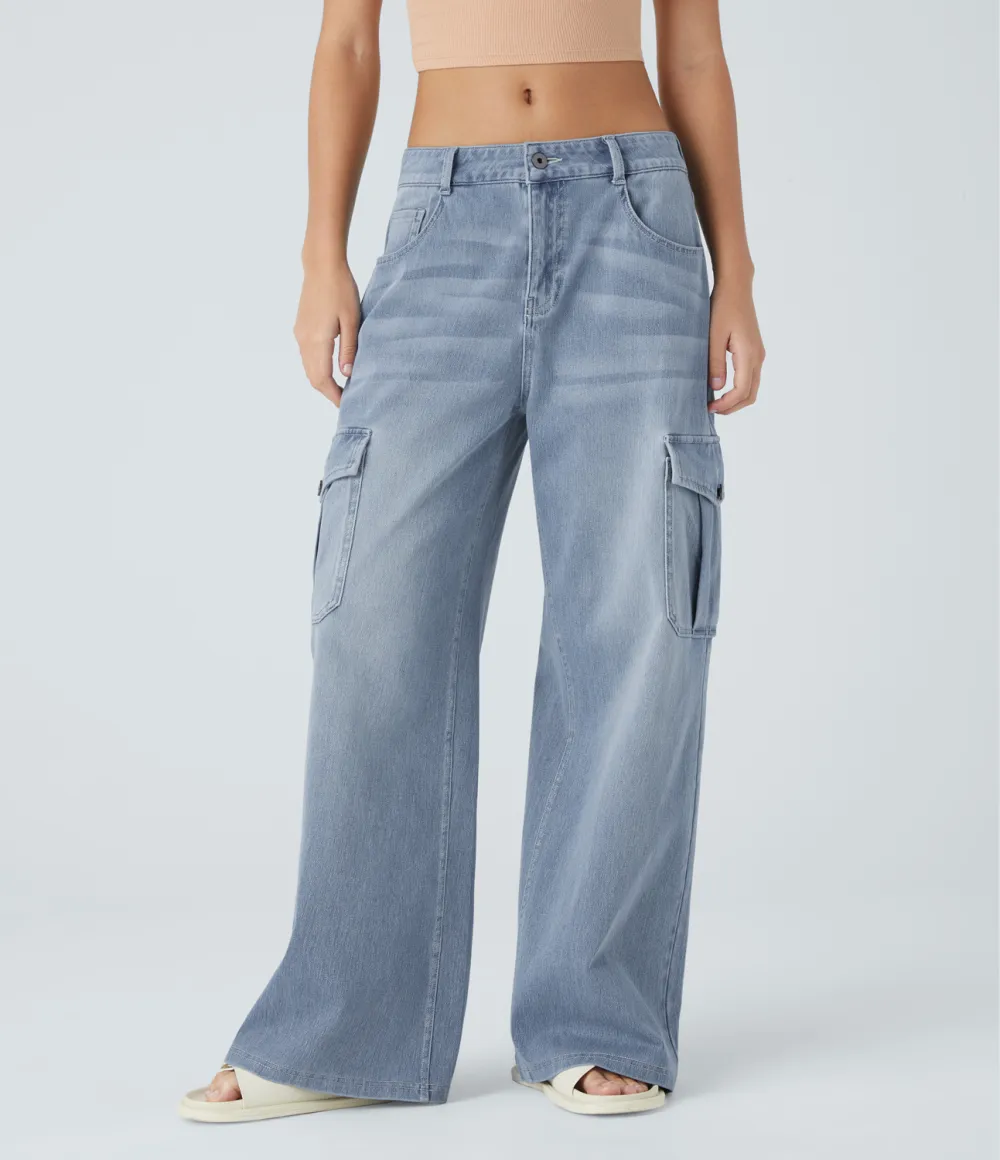 Magic Low Rise Multiple Pockets Stretchy Knit Casual Wide Leg Cargo Jeans