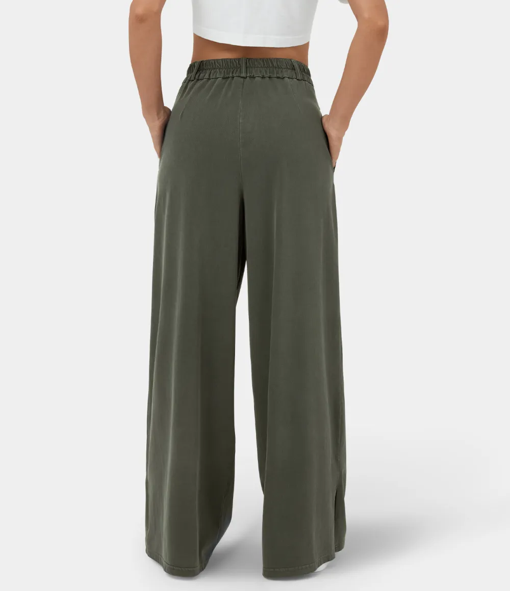 High Waisted Button Zipper Plicated Side Pocket Split Hem Wide Leg Casual Pants