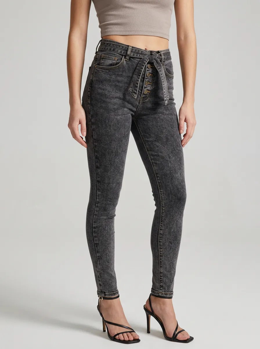 Women's High-Waisted Acid Wash Button-Fly Tie-Waist Skinny Jeans