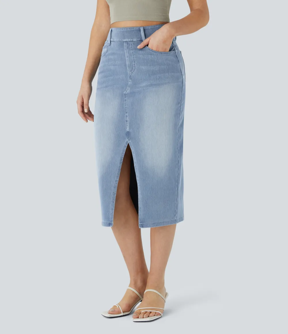 Magic High Waisted Multiple Pockets Bodycon Split Washed Stretchy Knit Denim Casual Midi Skirt