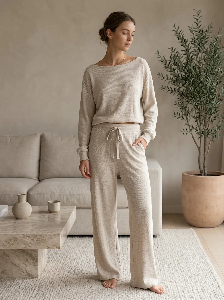 Women's Minimalist Beige Waffle Knit Loungewear Set