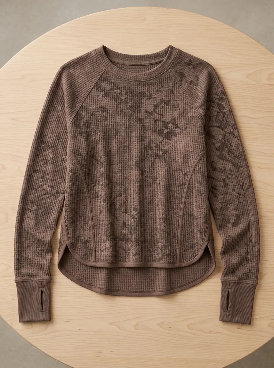 Women's Athletic Brown Marble Waffle Knit Printed Long Sleeve Top