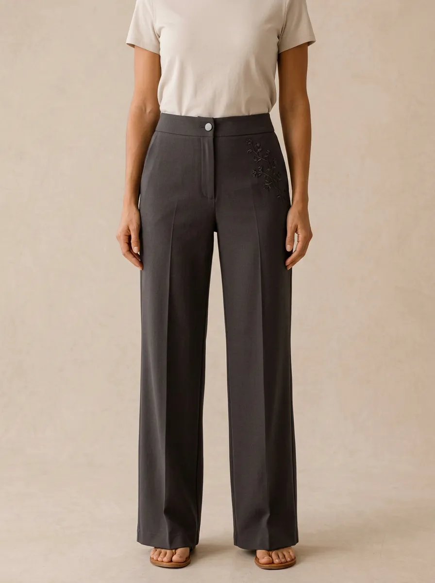 Women's Floral Embroidered Zip-Fly Straight-Leg Trousers
